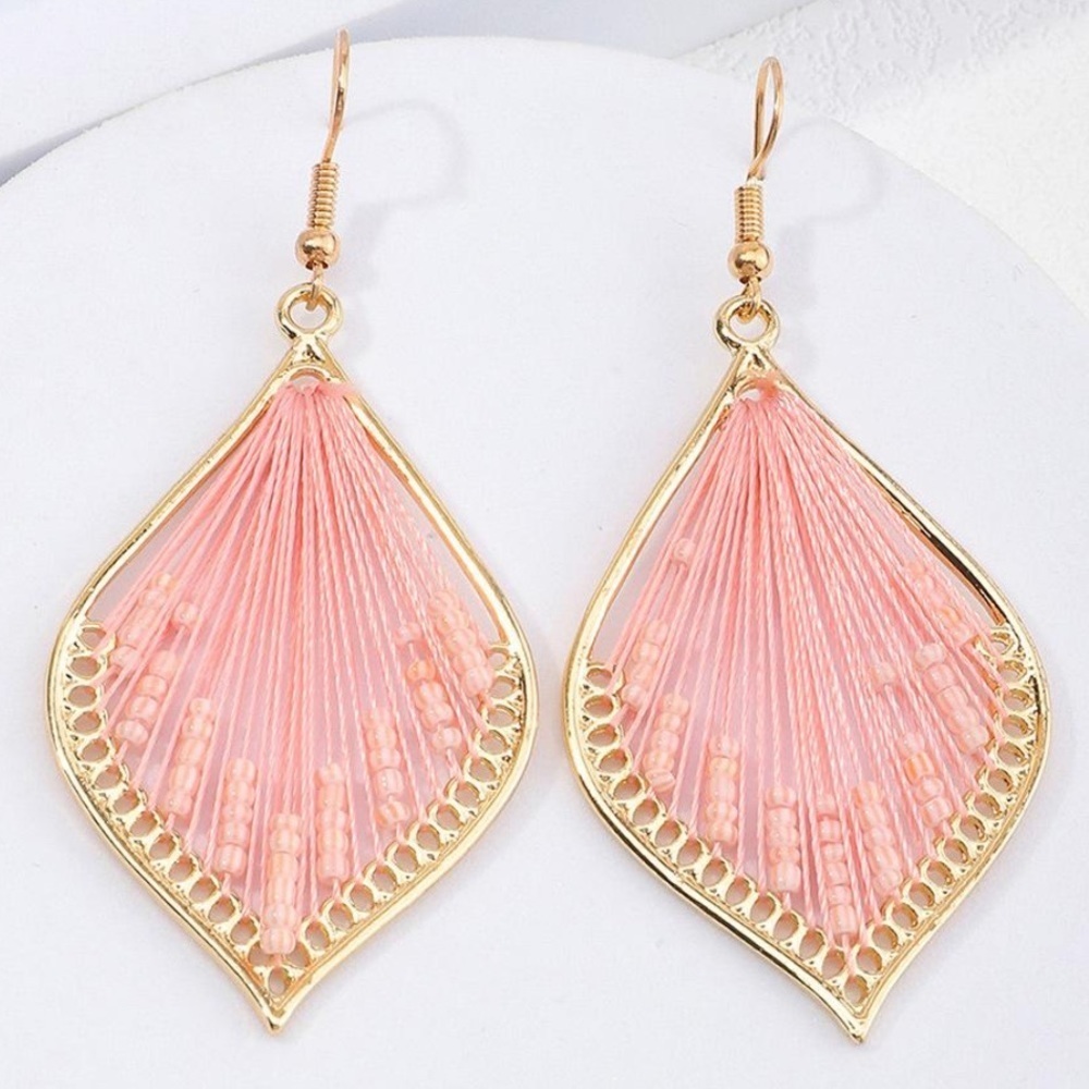 Boho Tribal Thread Woven Beaded Drop Earrings